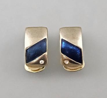 Vintage Ohrclips Modeschmuck blaugrünlüstriert Stein weiß 2,5x1x1,2cm