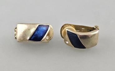 Vintage Ohrclips Modeschmuck blaugrünlüstriert Stein weiß 2,5x1x1,2cm