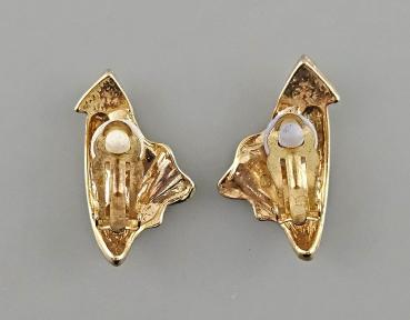 Vintage Ohrclips Modeschmuck weiße Steine Goldfächer 2x3,5cm