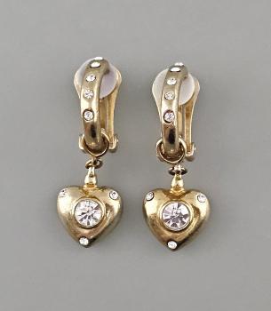 Vintage Ohrclips Modeschmuck Herzabhängung weiße Steine 1x4,5cm