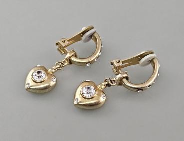 Vintage Ohrclips Modeschmuck Herzabhängung weiße Steine 1x4,5cm