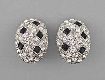 Vintage Ohrclips Modeschmuck weiße schwarze Steine Strass 2x2,5cm