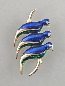 Modeschmuck-Brosche Vintage blau emailliert Vögel Strasssteine