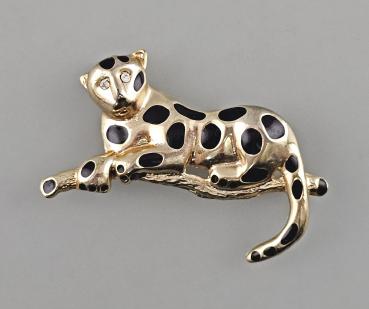 Modeschmuck-Brosche Vintage Leopard vergoldet Strasssteine
