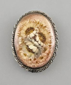 Modeschmuck-Brosche Vintage handbemalte Blumen silberfarben