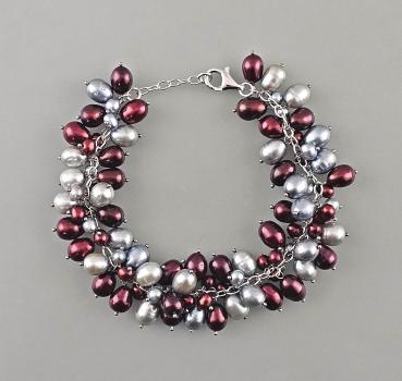 Armband Süßwasserperlen grau dunkelrot Vintage