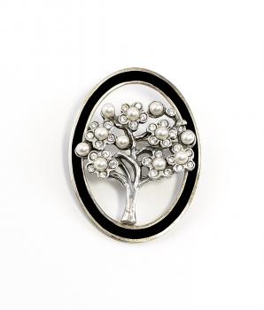 Jugendstil Brosche Baum mit Onyx, Swarovski und Perlen