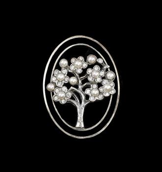 Jugendstil Brosche Baum mit Onyx, Swarovski und Perlen