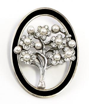 Jugendstil Brosche Baum mit Onyx, Swarovski und Perlen