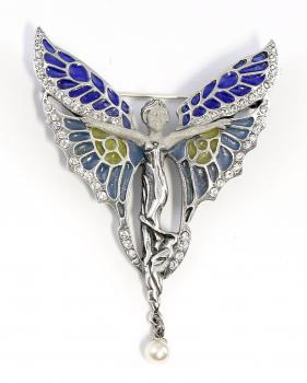 emaillierte Jugendstil Brosche Elfe Perle Swarovski
