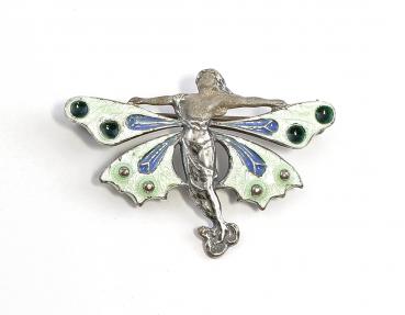 emaillierte Jugendstil Anhänger Brosche Elfe
