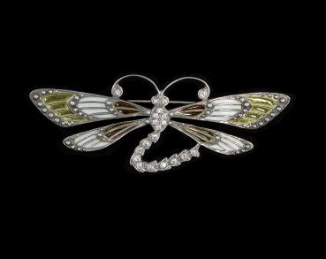 emaillierte Jugendstil Brosche Libelle Swarovski