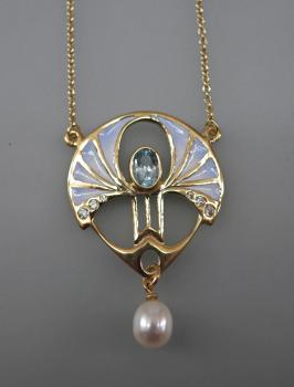 Jugendstil Collier Blautopas emailliert Perle