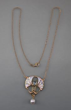 Jugendstil Collier Blautopas emailliert Perle