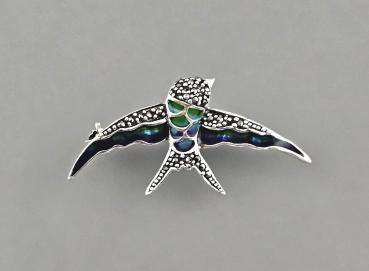 emaillierte Brosche Markasiten Schwalbe 3,5x2cm