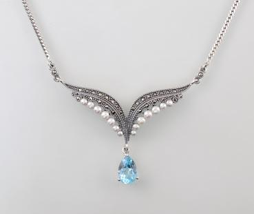 Blautopas Perlen Markasit Collier