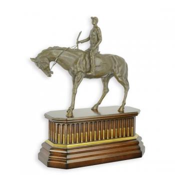 Bronze Skulptur Pferd Reiter Jockey auf Holzsockel
