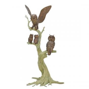 Bronze Skulptur 4 Eulen auf Baum
