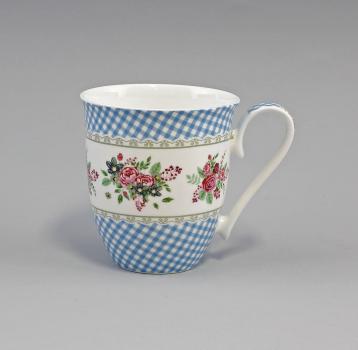 moderne Tasse Diamantporzellan Dekor Blüten blau kariert