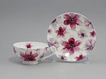 Teetasse m. Untertasse Diamantporzellan Blüten pink