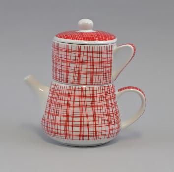 Tea for one-Set "Nippon" weiß/rote Linien/Linien