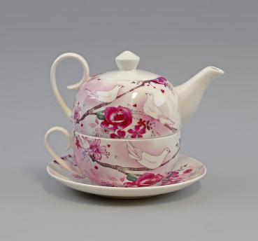 Tea for one Diamantporzellan Dekor Rose mit Taube