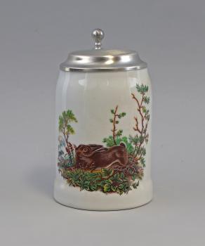 Bierkrug weiß Hase gedruckt Zinndeckel 0,6 Liter