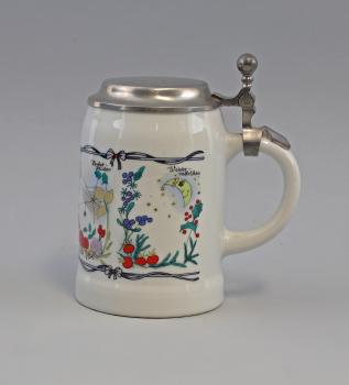 Bierkrug bunt bedruckt Zinndeckel 0,6 Liter