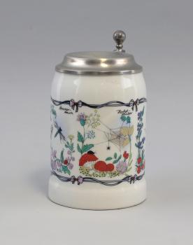 Bierkrug bunt bedruckt Zinndeckel 0,6 Liter