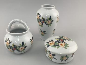 Porzellan Vase Dose Korb Vogeldekor Blumen Art déco