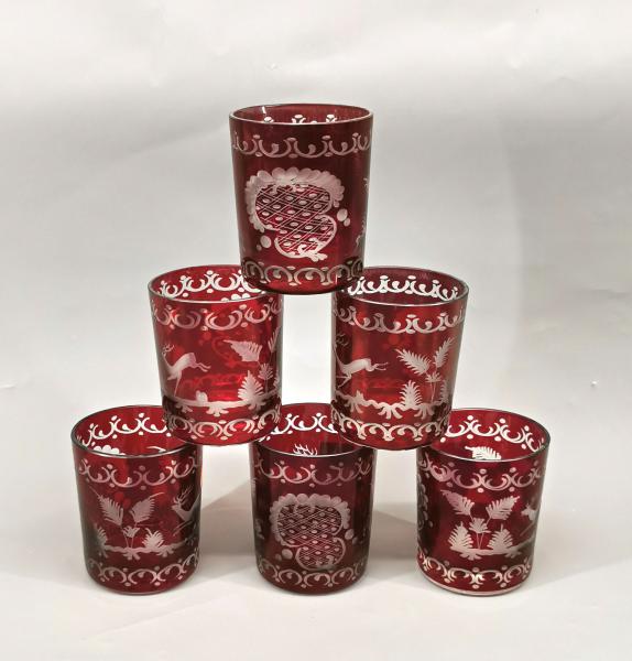 6 Whiskey-Becher Jagdmotive Rotbeize