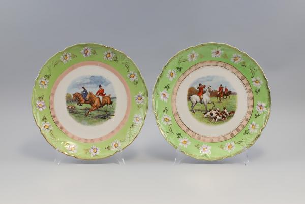 Paar Jugendstil-Bildteller Parforce-Jagd