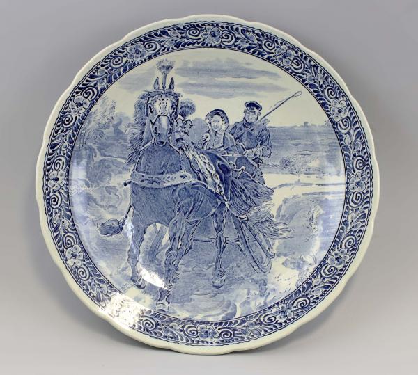großer Wandteller Pferdekutsche Blaudekor