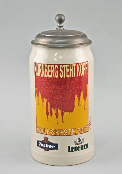 Sammler-Bierkrug Nürnberg steht Kopf Volksfeste 2003 Tucher Lederer