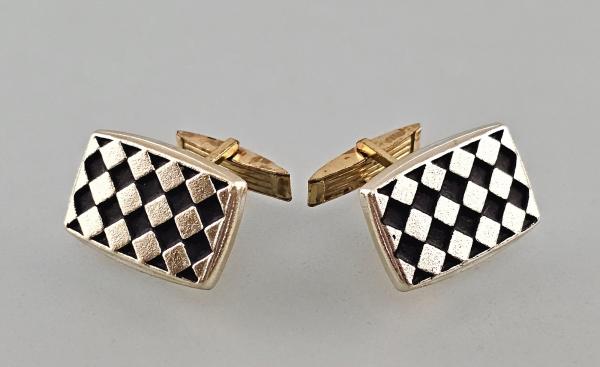 Paar Manschettenknöpfe schwarz-gold Schachbrettdekor Vintage 2,3x1,5cm