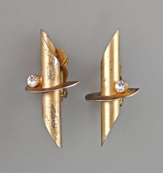 Vintage Ohrclips Modeschmuck geometrisch weiße Steine 4x2cm