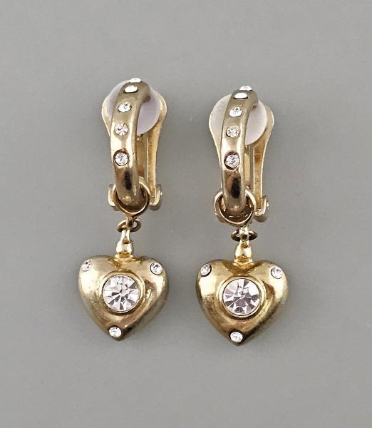 Vintage Ohrclips Modeschmuck Herzabhängung weiße Steine 1x4,5cm