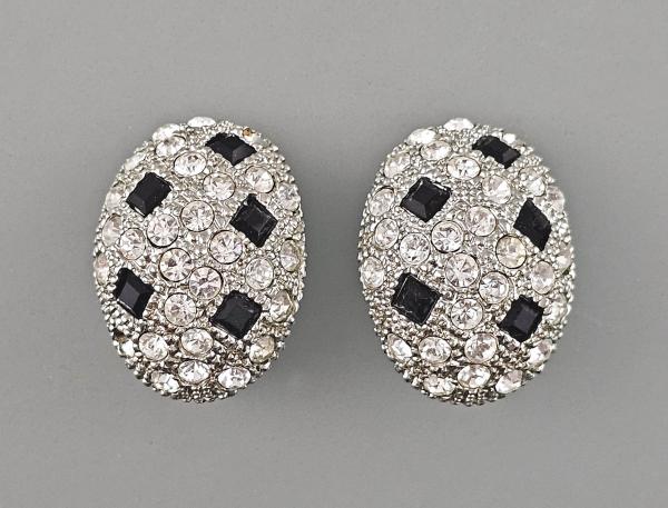 Vintage Ohrclips Modeschmuck weiße schwarze Steine Strass 2x2,5cm