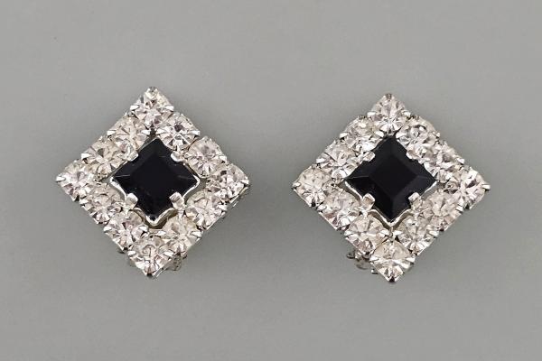 Vintage Ohrclips Modeschmuck weiße schwarze Steine Strass 2x2cm