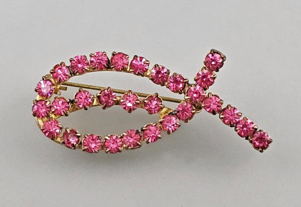 Vintage Brosche Modeschmuck rosa Strasssteine Fisch