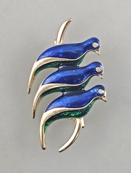 Modeschmuck-Brosche Vintage blau emailliert Vögel Strasssteine