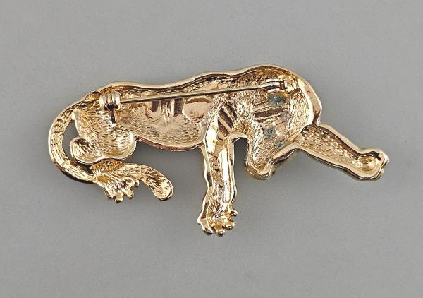 Modeschmuck-Brosche Vintage vergoldet Tiger grüne Strass-Augen