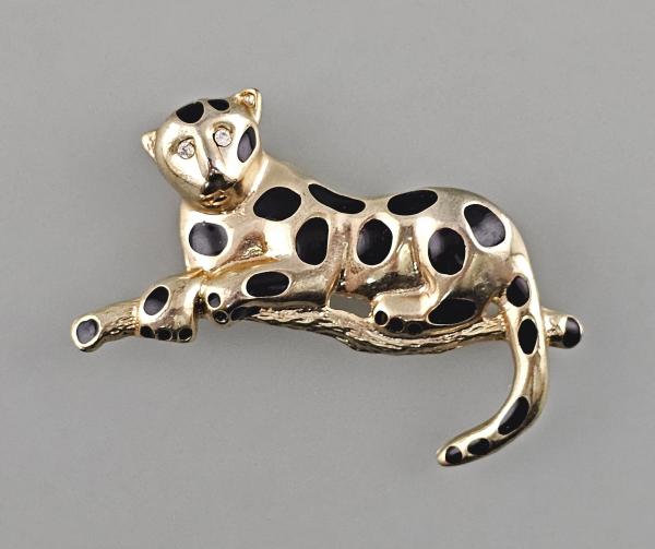 Modeschmuck-Brosche Vintage Leopard vergoldet Strasssteine