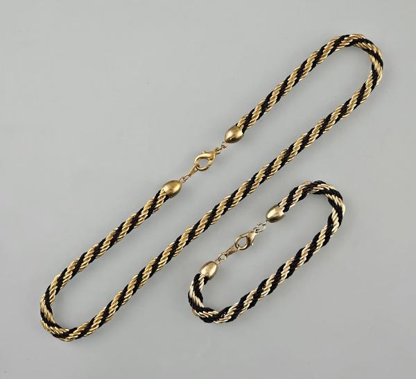 Modeschmuck-Kette mit Armband Vintage schwarz-goldenes Flechtband