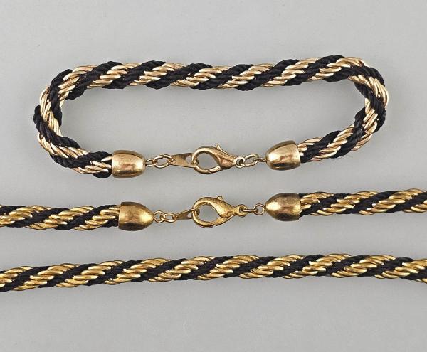 Modeschmuck-Kette mit Armband Vintage schwarz-goldenes Flechtband