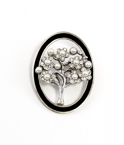 Jugendstil Brosche Baum mit Onyx, Swarovski und Perlen