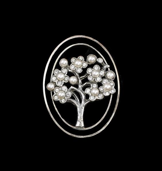 Jugendstil Brosche Baum mit Onyx, Swarovski und Perlen