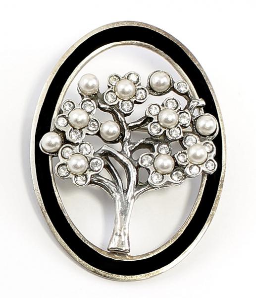 Jugendstil Brosche Baum mit Onyx, Swarovski und Perlen