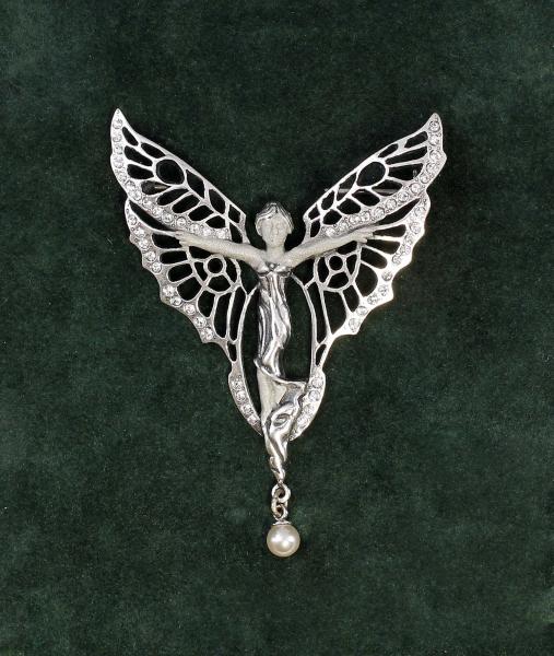 Jugendstil Brosche Schmetterlingsfrau Swarovski Perle