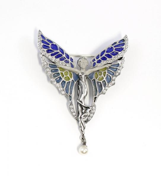 emaillierte Jugendstil Brosche Elfe Perle Swarovski